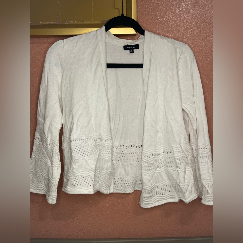Verve Ami White Crochet-Trim Open Cardigan